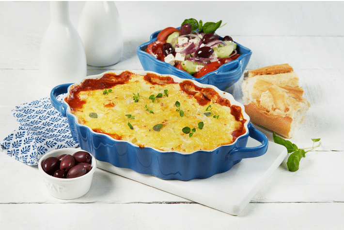 Vegetarisk moussaka med aubergine, squash og kikerter
